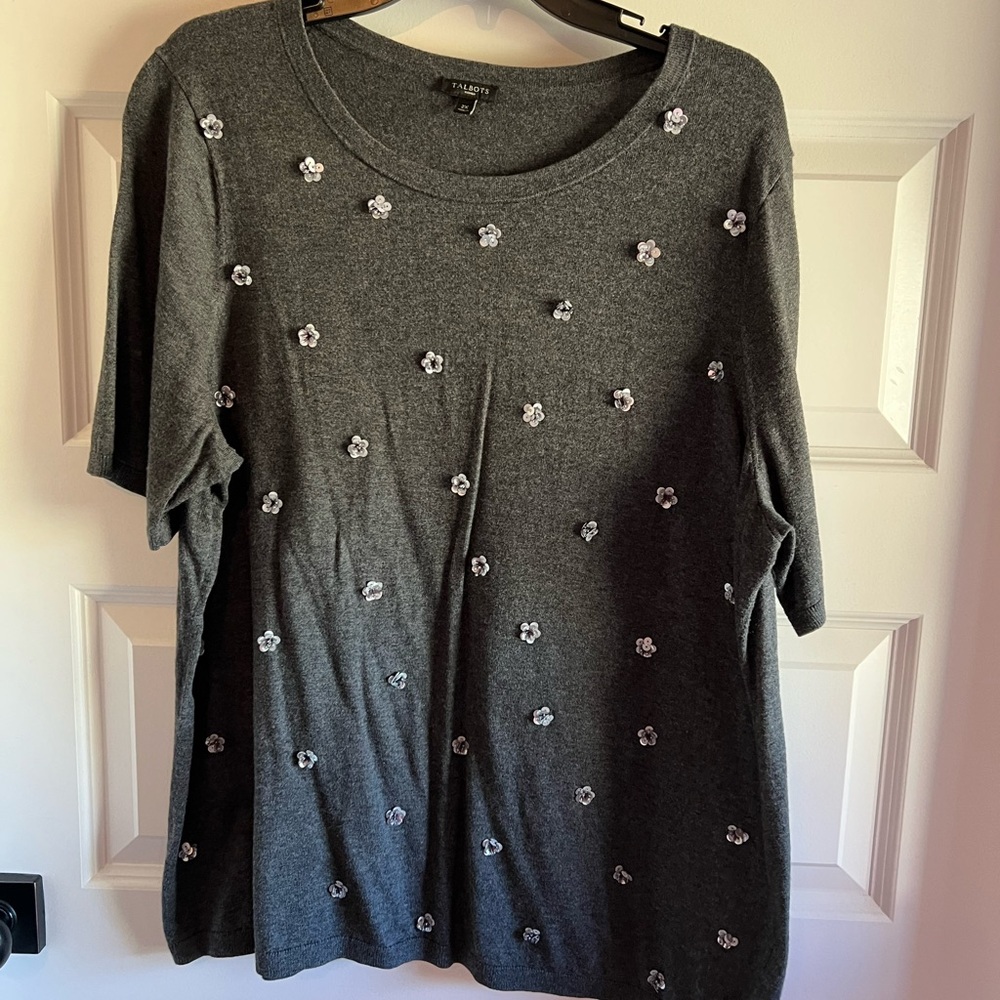 Talbots Charcoal Short-Sleeve Embellished Knit Top
